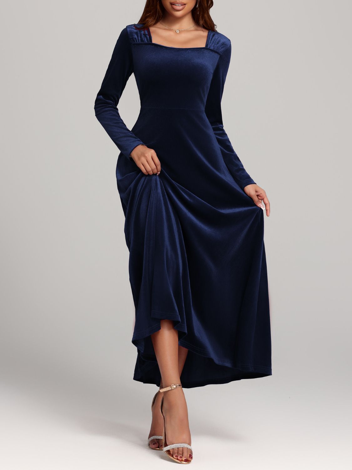 Blue Zone | Square Neck Long Sleeve Velvet Dress - Blue Zone Violet / XL by Blue Zone Planet Blue Zone | Square Neck Long Sleeve Velvet Dress - Blue Zone Violet / XL by Blue Zone Planet