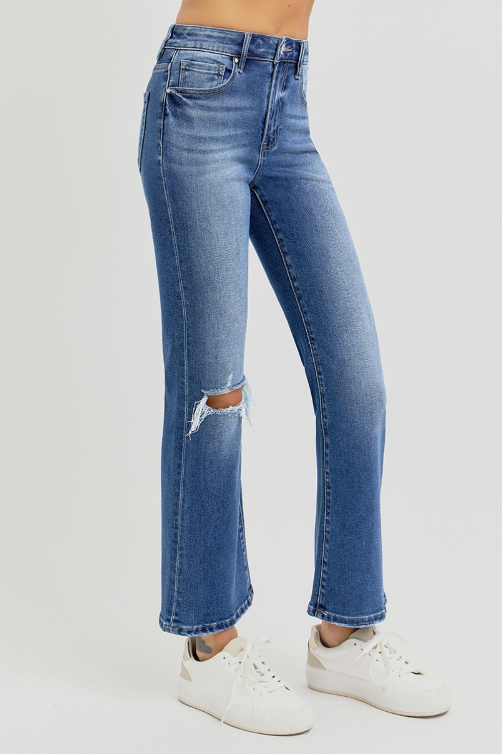 RISEN Full Size Distressed High Rise Crop Flare Jeans-BOTTOMS SIZES SMALL MEDIUM LARGE-[Adult]-[Female]-2022 Online Blue Zone Planet