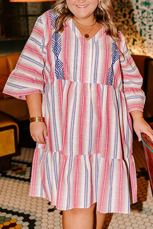 White Stripe Plus Size Embroidered Detail Flared 3/4 Sleeve V Neck Dress-Plus Size/Plus Size Dresses/Plus Size Mini Dresses-[Adult]-[Female]-White Stripe-1X-2022 Online Blue Zone Planet