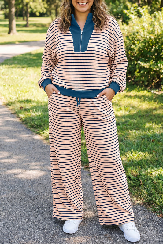 Pink Stripe Striped Colorblock V Neck Long Sleeve Plus Size Set-Plus Size/Plus Size Loungewear-[Adult]-[Female]-Pink Stripe-1X-2022 Online Blue Zone Planet