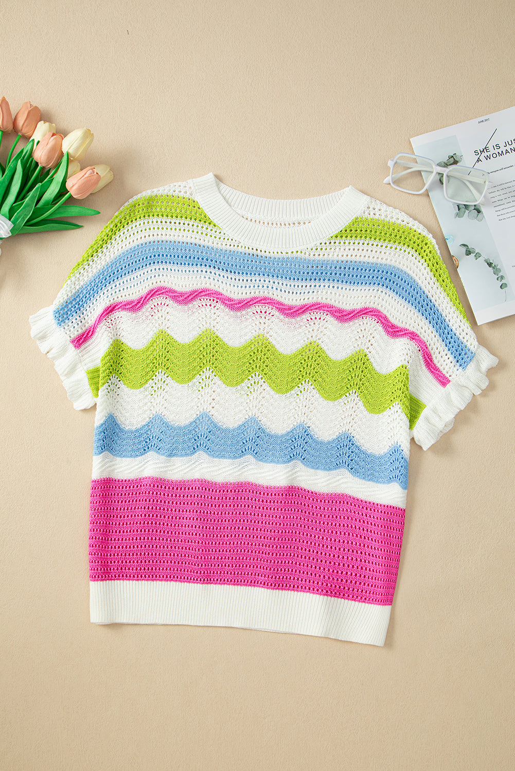 White Colorblock Crochet Knit Ruffled Short Sleeve Sweater Top-Sweaters & Cardigans/Short Sleeve Sweaters-[Adult]-[Female]-2022 Online Blue Zone Planet