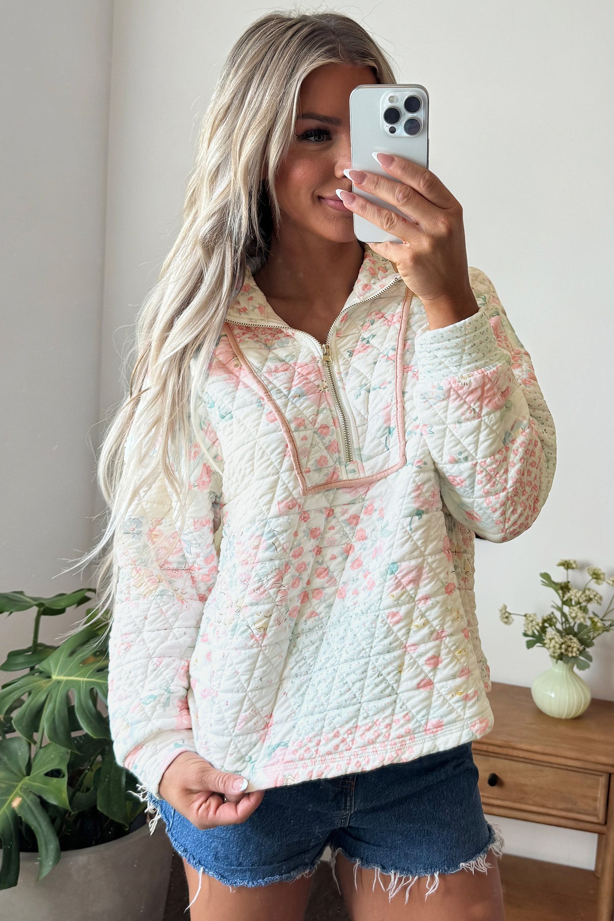 Multicolour Floral Quilted Metal Zipper Collar Long Sleeve Sweatshirt-Tops / Dresses-[Adult]-[Female]-2022 Online Blue Zone Planet