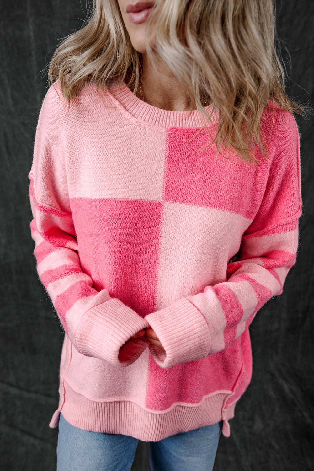 Pink Checkered Colorblock Striped High Low Loose Sweater-Sweaters & Cardigans/Sweaters-[Adult]-[Female]-2022 Online Blue Zone Planet