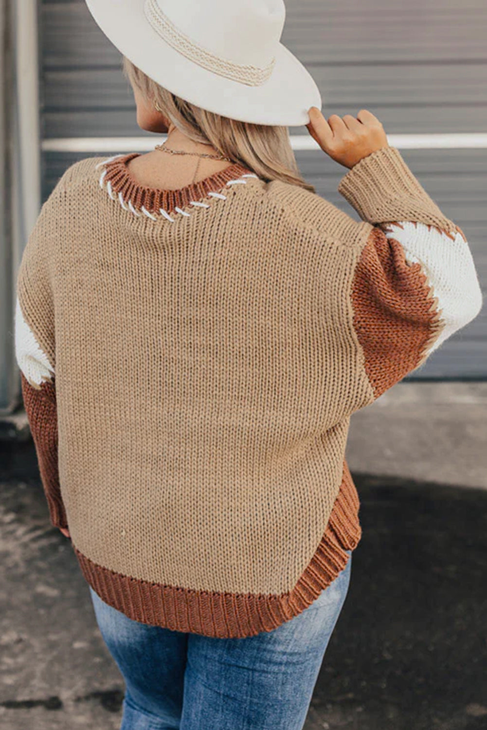 Light French Beige Contrast Stitch Detail Color Block Knitted Plus Size Sweater-Plus Size/Plus Size Sweaters & Cardigans-[Adult]-[Female]-2022 Online Blue Zone Planet
