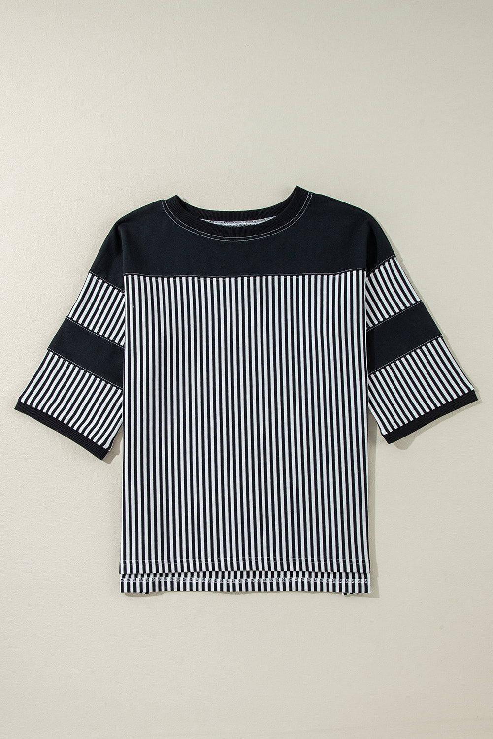 Blue Zone Planet | Black & White Striped Patchwork Oversized Tee-T Shirts-[Adult]-[Female]-2022 Online Blue Zone Planet