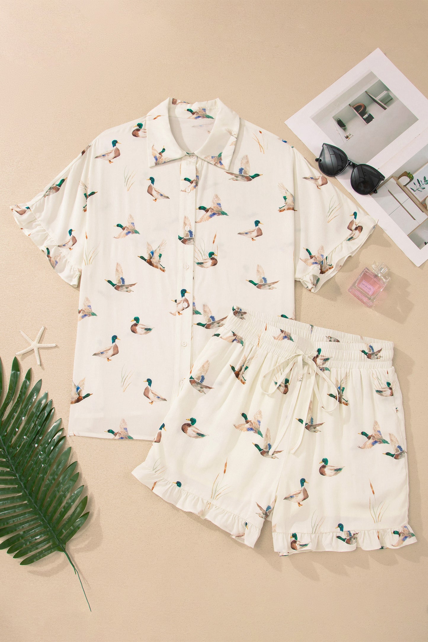Beige Mallard Print Shirt Style Short Two Piece Set-Two Piece Sets/Short Sets-[Adult]-[Female]-2022 Online Blue Zone Planet