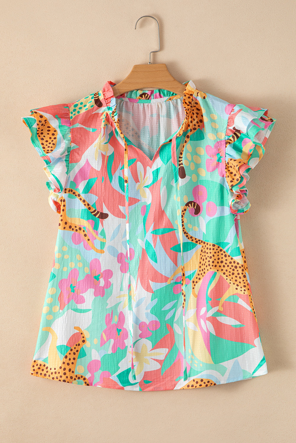 Green Frilly Ruffle Tie Split Neck Summer Floral Blouse-Tops/Blouses & Shirts-[Adult]-[Female]-2022 Online Blue Zone Planet