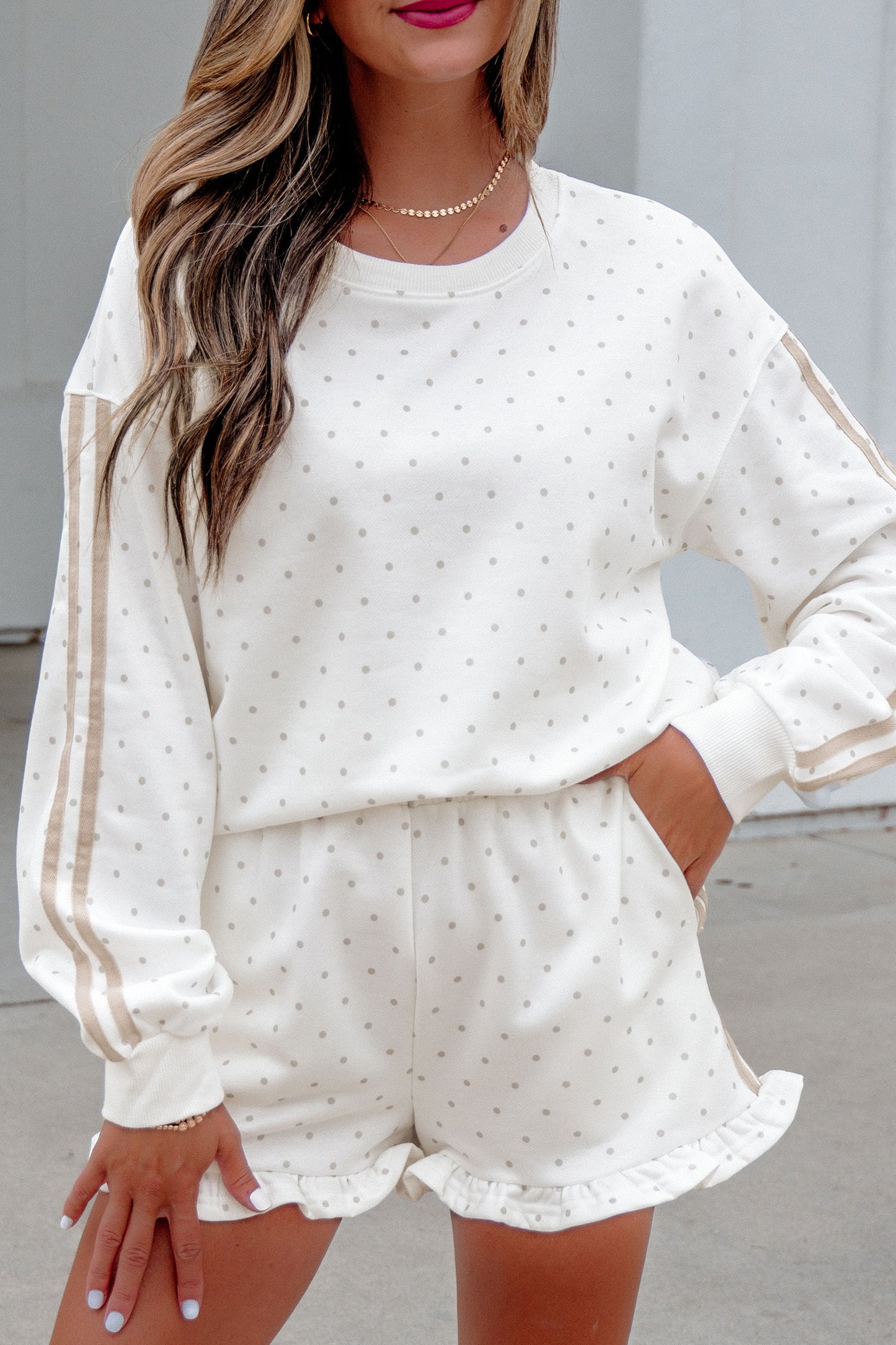 White Polka Dot Print Side Stripe Detail Casual Sweatshirt 2pcs Short Set-Two Piece Sets/Short Sets-[Adult]-[Female]-2022 Online Blue Zone Planet