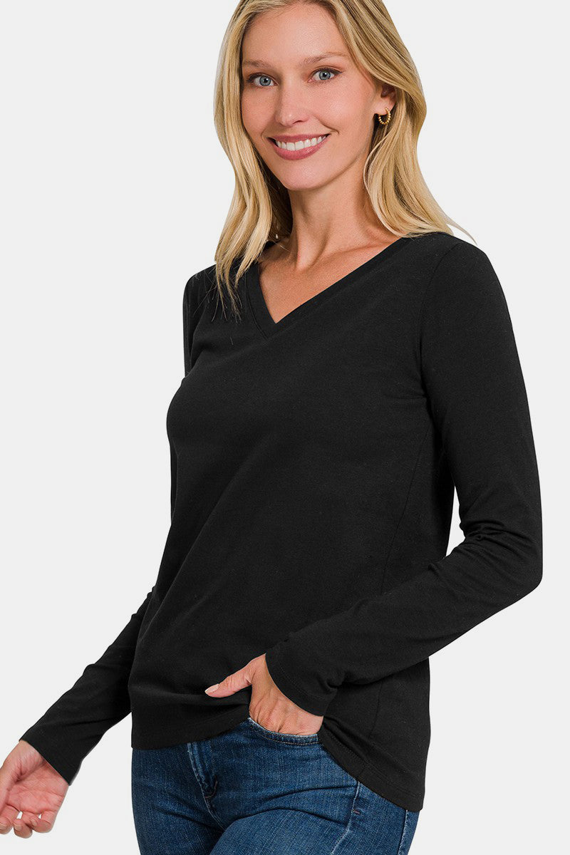 Blue Zone Planet | Zenana Full Size V-Neck Long Sleeve T-Shirt-TOPS / DRESSES-[Adult]-[Female]-2022 Online Blue Zone Planet