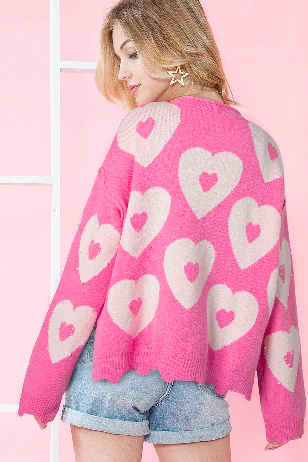 Bonbon Pearl Beaded Heart Drop Shoulder Sweater-Sweaters-[Adult]-[Female]-2022 Online Blue Zone Planet