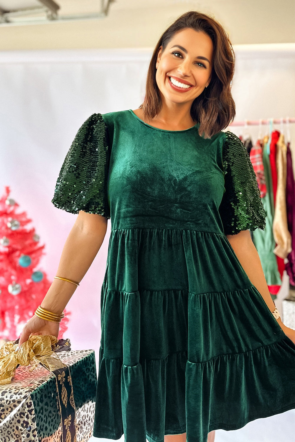 Evergreen Sequin Puff Sleeve High Waist Tiered Velvet Mini Dress Evergreen / L / 95%Polyester+5%Elastane