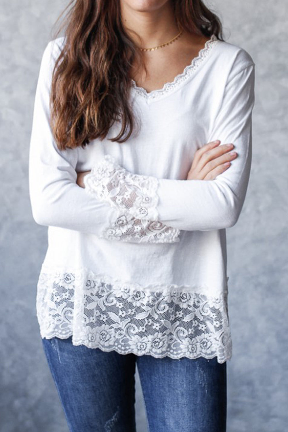 White Lace Trim V Neck Cuffed Long Sleeve Loose Top-Tops/Long Sleeve Tops-[Adult]-[Female]-White-S-2022 Online Blue Zone Planet