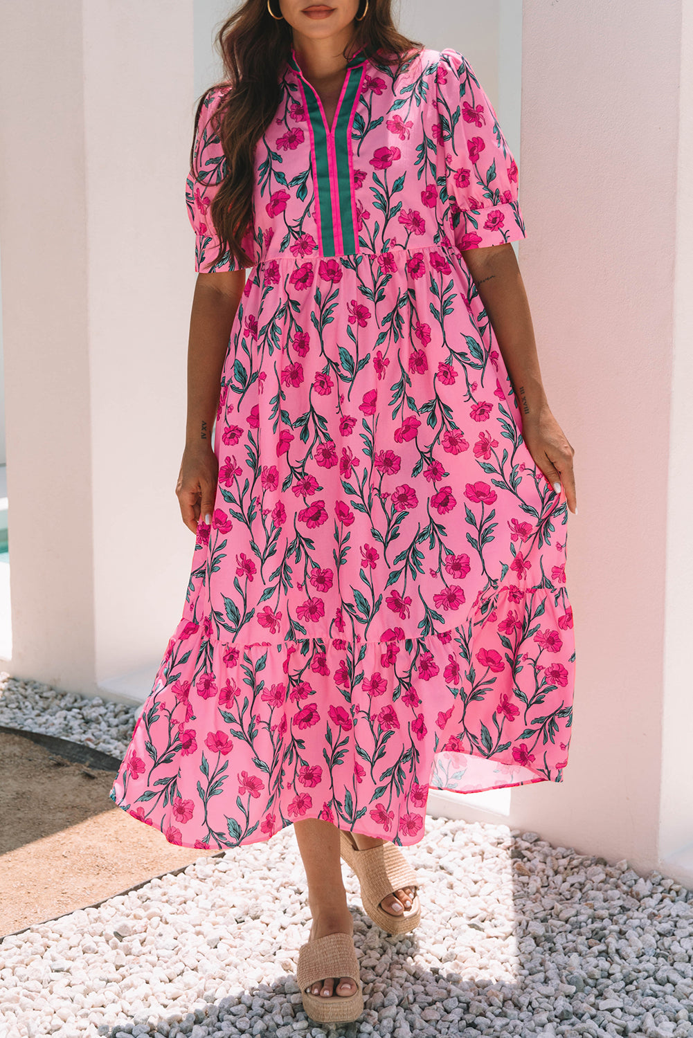 Pink Floral Contrast Neckline A-line Puff Sleeve Long Dress-Dresses/Maxi Dresses-[Adult]-[Female]-2022 Online Blue Zone Planet