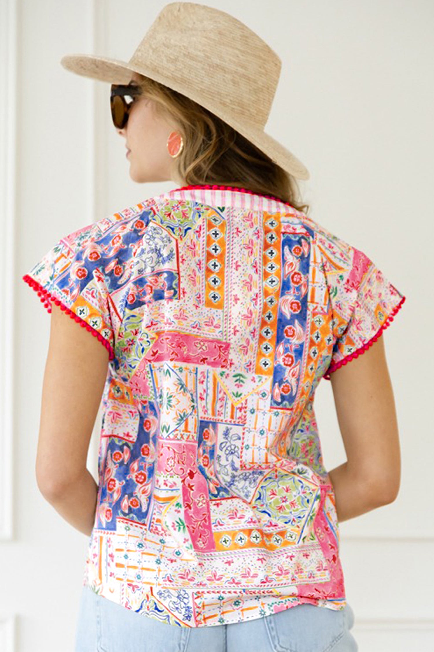 Red Mixed Print V Neck Short Sleeve Blouse-Tops/Blouses & Shirts-[Adult]-[Female]-2022 Online Blue Zone Planet