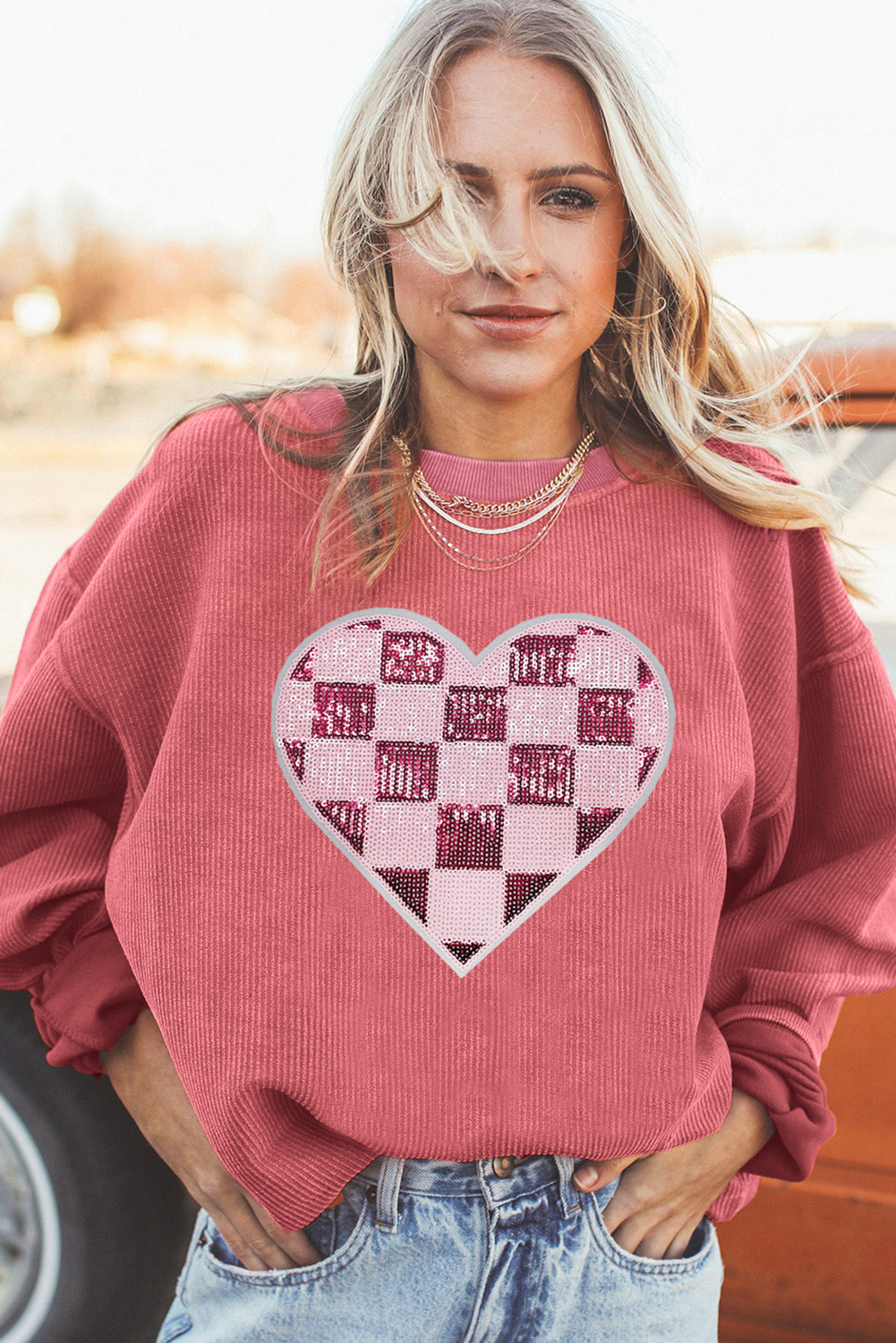 Strawberry Pink Checkered Heart Graphic Ribbed Valentines Sweatshirt-Graphic Sweatshirts-[Adult]-[Female]-2022 Online Blue Zone Planet