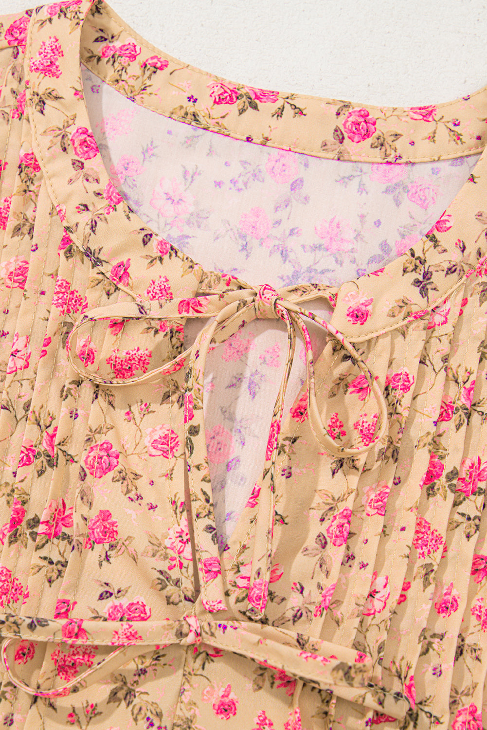 Light French Beige Floral Print Bow Pintuck Bust Half Puff Sleeve Blouse Top-Tops/Blouses & Shirts-[Adult]-[Female]-2022 Online Blue Zone Planet