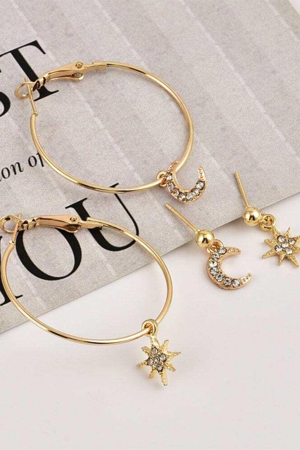 2-Pair Moon and Star Drop Earrings BLUE ZONE PLANET