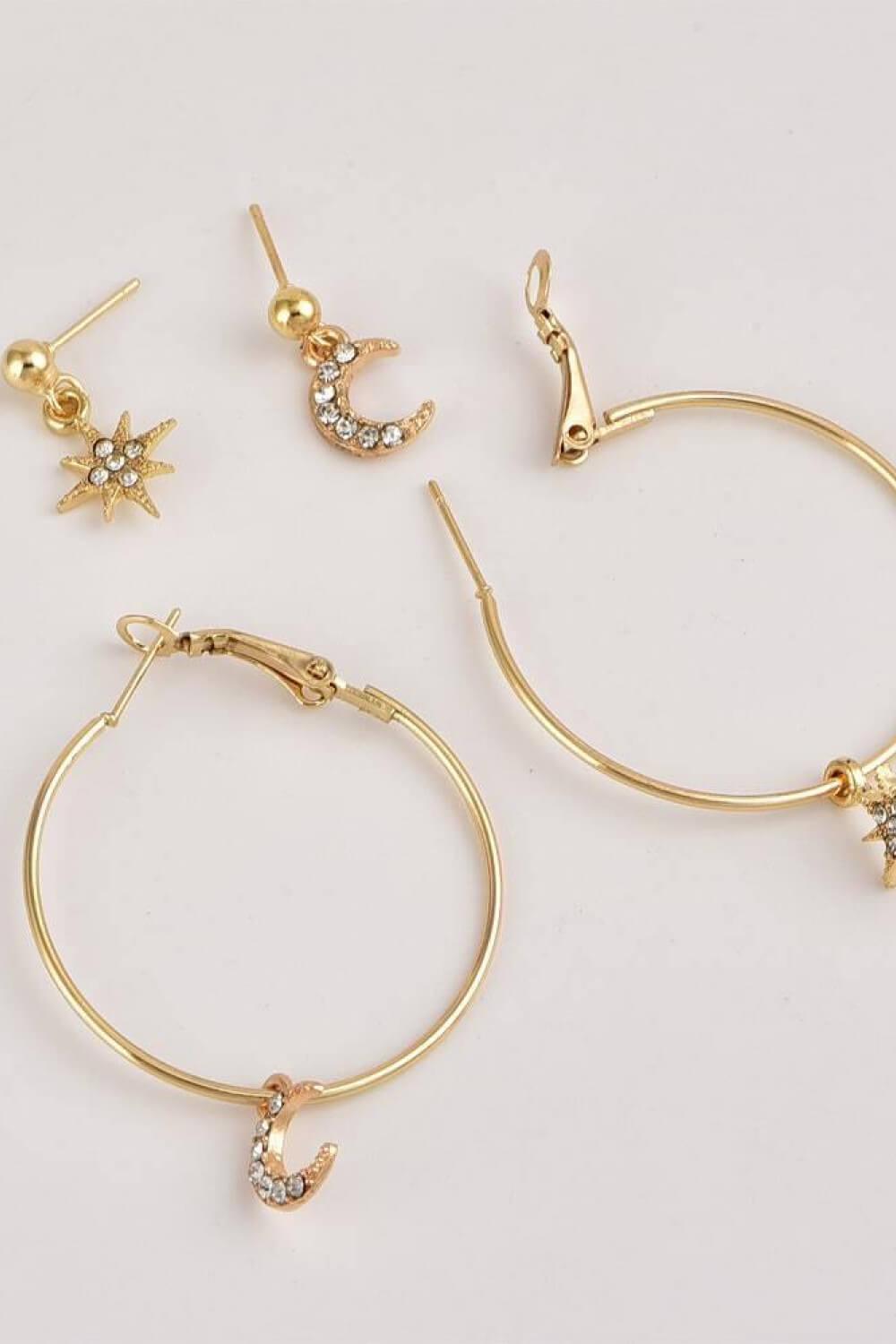 2-Pair Moon and Star Drop Earrings BLUE ZONE PLANET