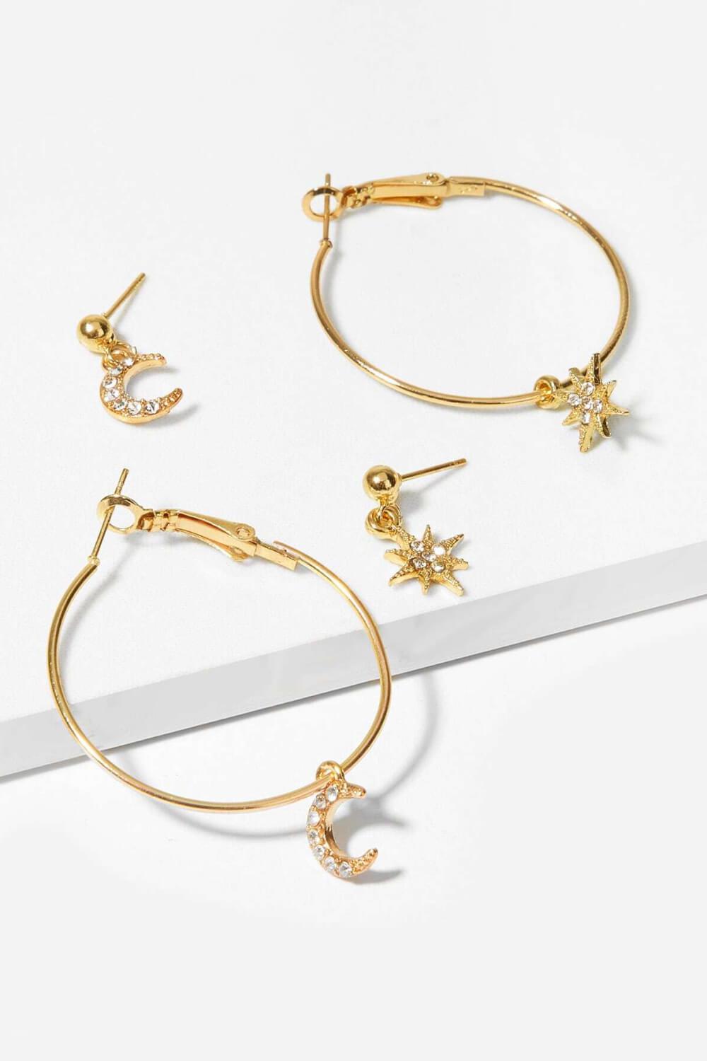 2-Pair Moon and Star Drop Earrings BLUE ZONE PLANET