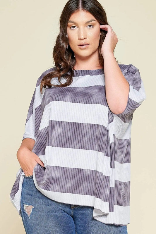 Stripe Printed Pleated Blouse Featuring A Boat Neckline And 1/2 Sleeves Blue Zone Planet