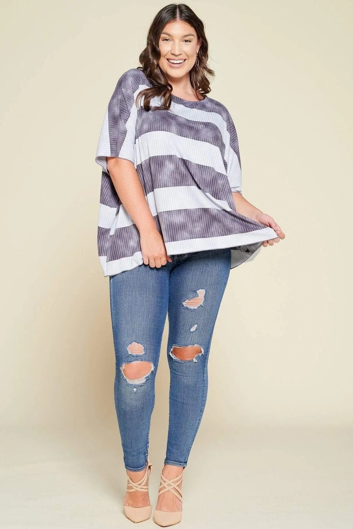 Stripe Printed Pleated Blouse Featuring A Boat Neckline And 1/2 Sleeves Blue Zone Planet