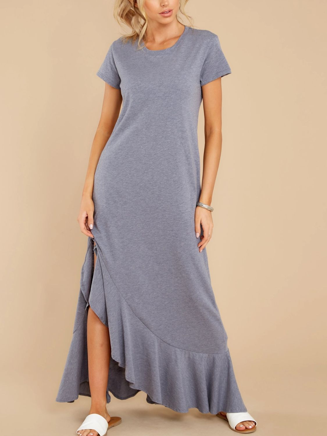 Blue Zone Planet | Slit Round Neck Short Sleeve Maxi Dress-TOPS / DRESSES-[Adult]-[Female]-2022 Online Blue Zone Planet