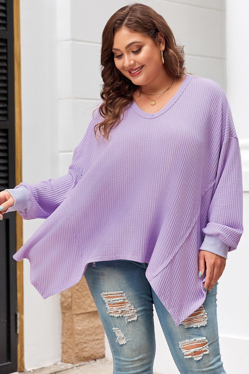 Orchid Petal Plus Size Waffle Knit Exposed Seam Flowy Top-Plus Size/Plus Size Tops/Plus Size Long Sleeve Tops-[Adult]-[Female]-2022 Online Blue Zone Planet