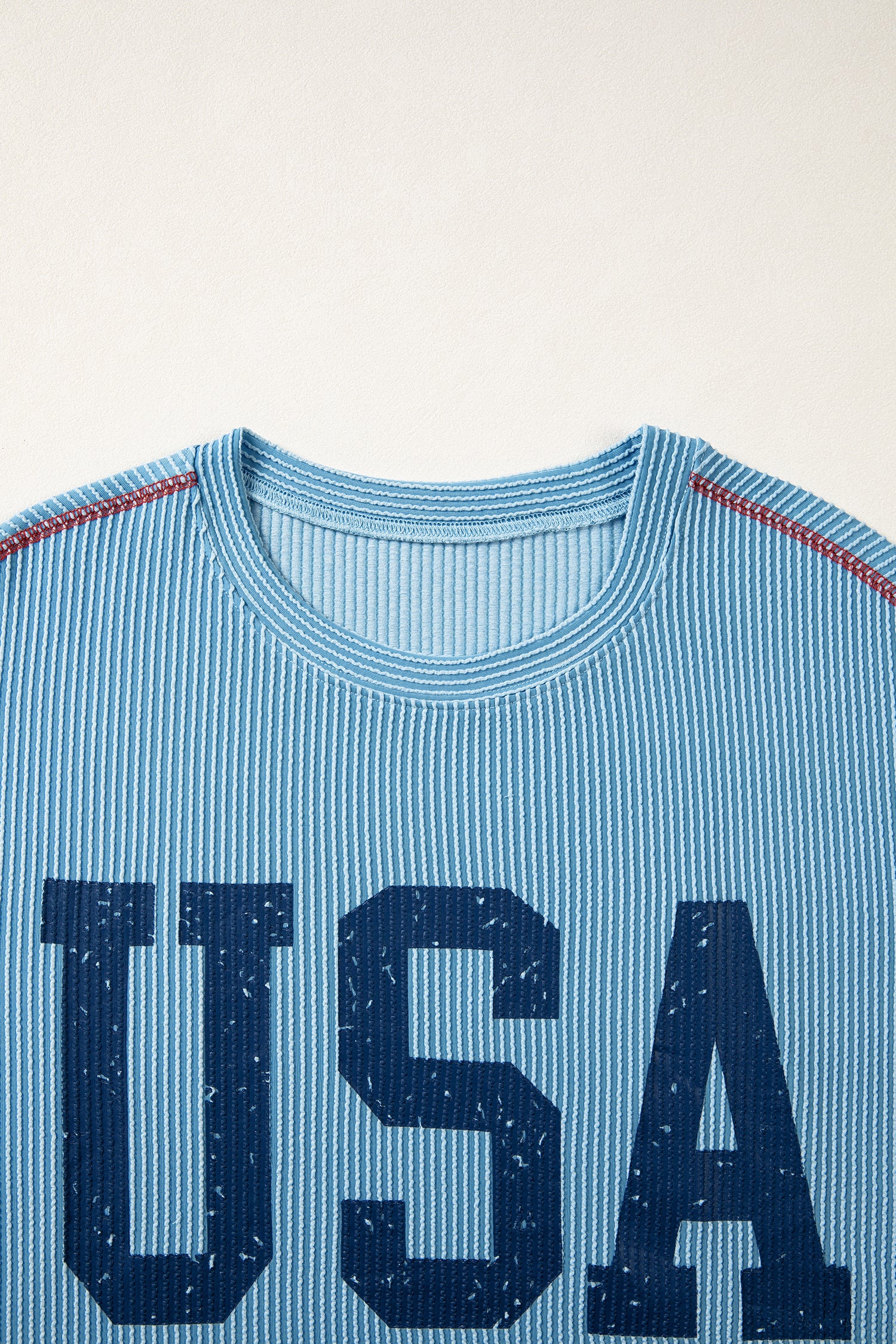 Beau Blue Usa Graphic Half Sleeve Loose Ribbed Top-Tops/Tops & Tees-[Adult]-[Female]-2022 Online Blue Zone Planet