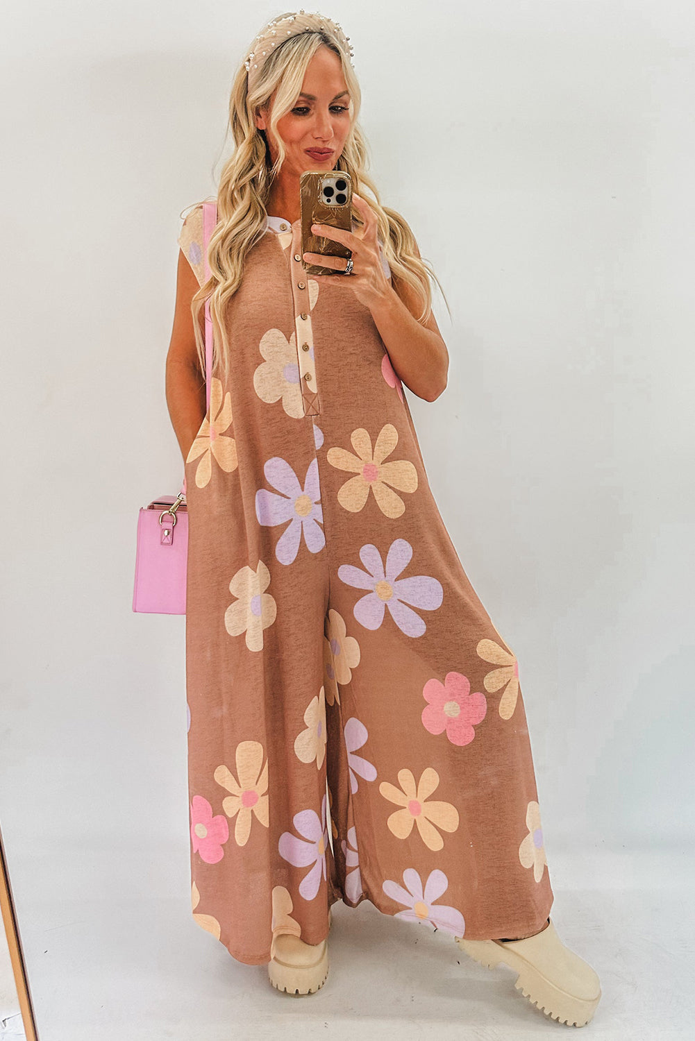 Khaki Floral Print Sleeveless Button up Wide Leg Loose Jumpsuit-Jumpsuits-[Adult]-[Female]-2022 Online Blue Zone Planet