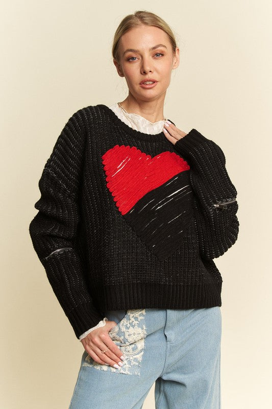 Davi & Dani Contrast Heart Dropped Shoulder Sweater-TOPS / DRESSES-[Adult]-[Female]-Black-S-2022 Online Blue Zone Planet