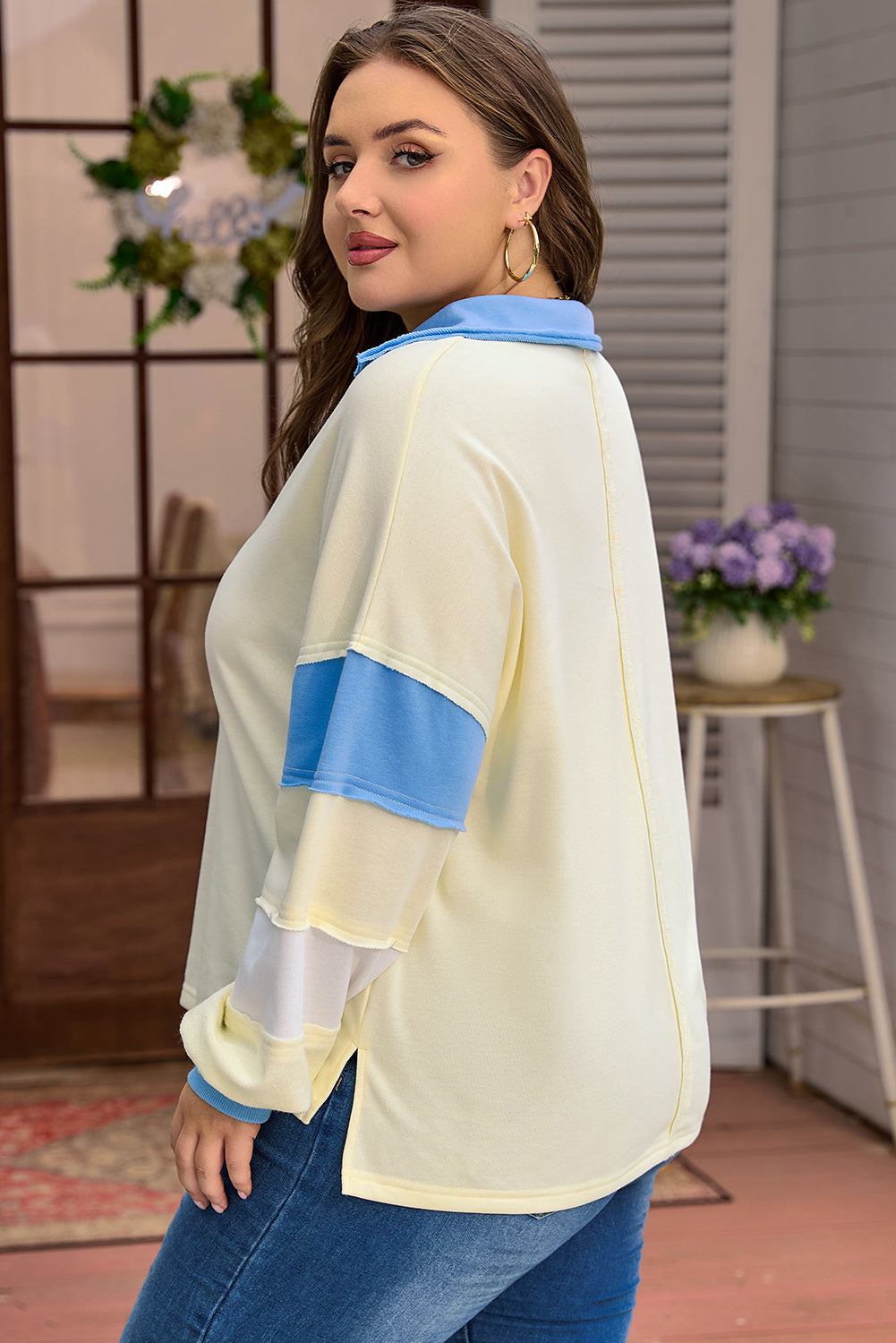 Yellow Cream Raw Seam Color Block Patchwork Plus Size V Neck Pullover-Plus Size/Plus Size Tops/Plus Size Long Sleeve Tops-[Adult]-[Female]-2022 Online Blue Zone Planet