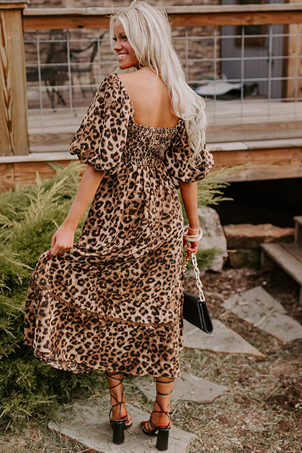 Brown Leopard Print Puff Sleeve Ricrac Maxi Dress-Maxi Dresses-[Adult]-[Female]-2022 Online Blue Zone Planet