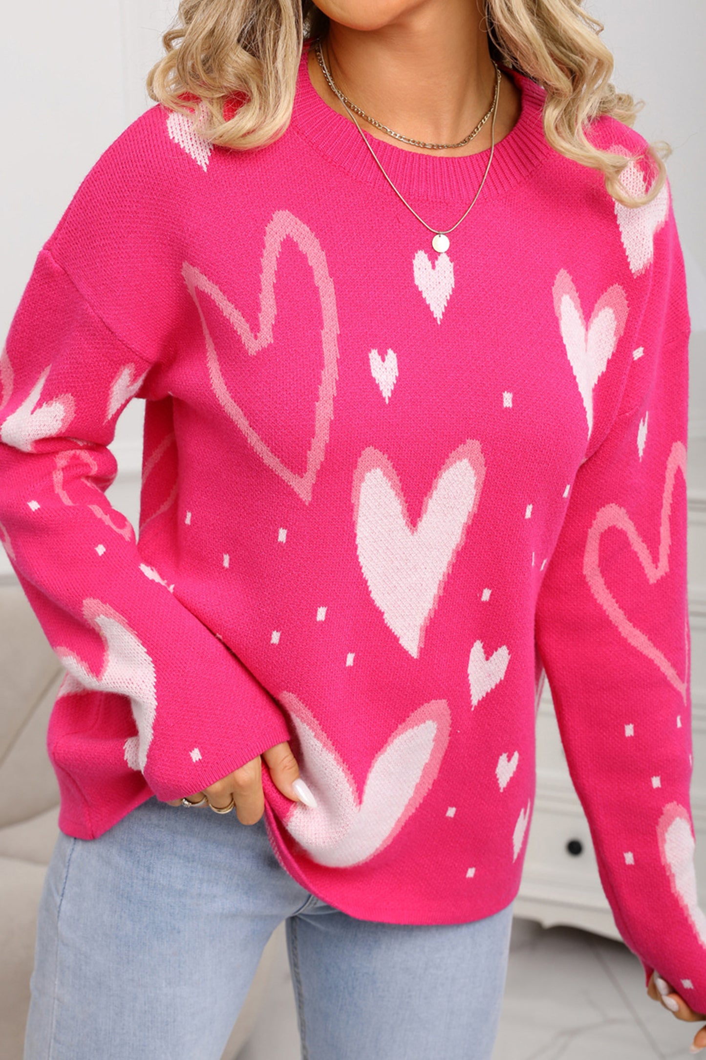 Rose Red Splendid Heart Print Valentines Day Sweater-TOPS / DRESSES-[Adult]-[Female]-2022 Online Blue Zone Planet