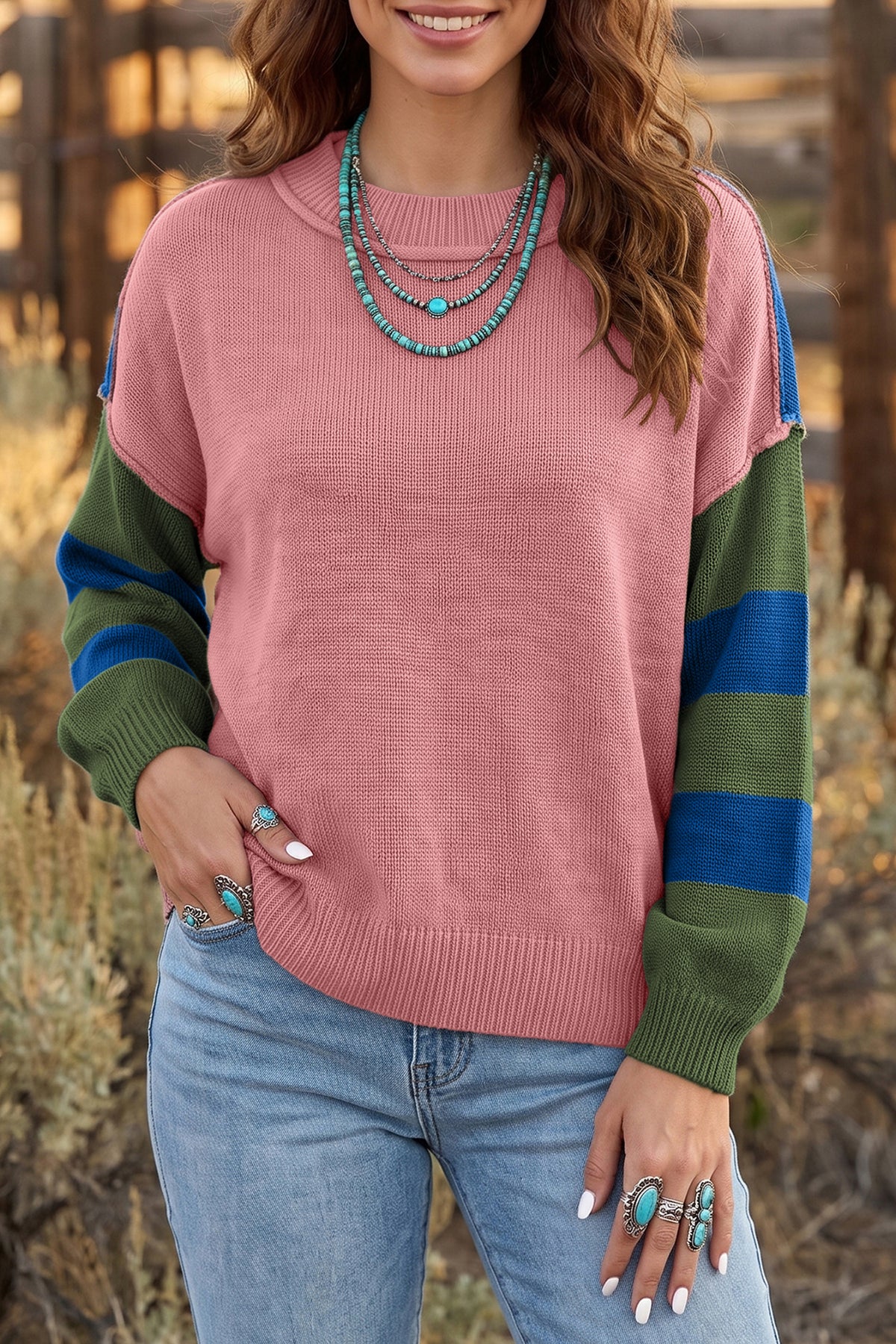Multicolour Western Colorblock Patchwork Striped Long Sleeve Pullover Sweater-Sweaters & Cardigans/Sweaters-[Adult]-[Female]-2022 Online Blue Zone Planet