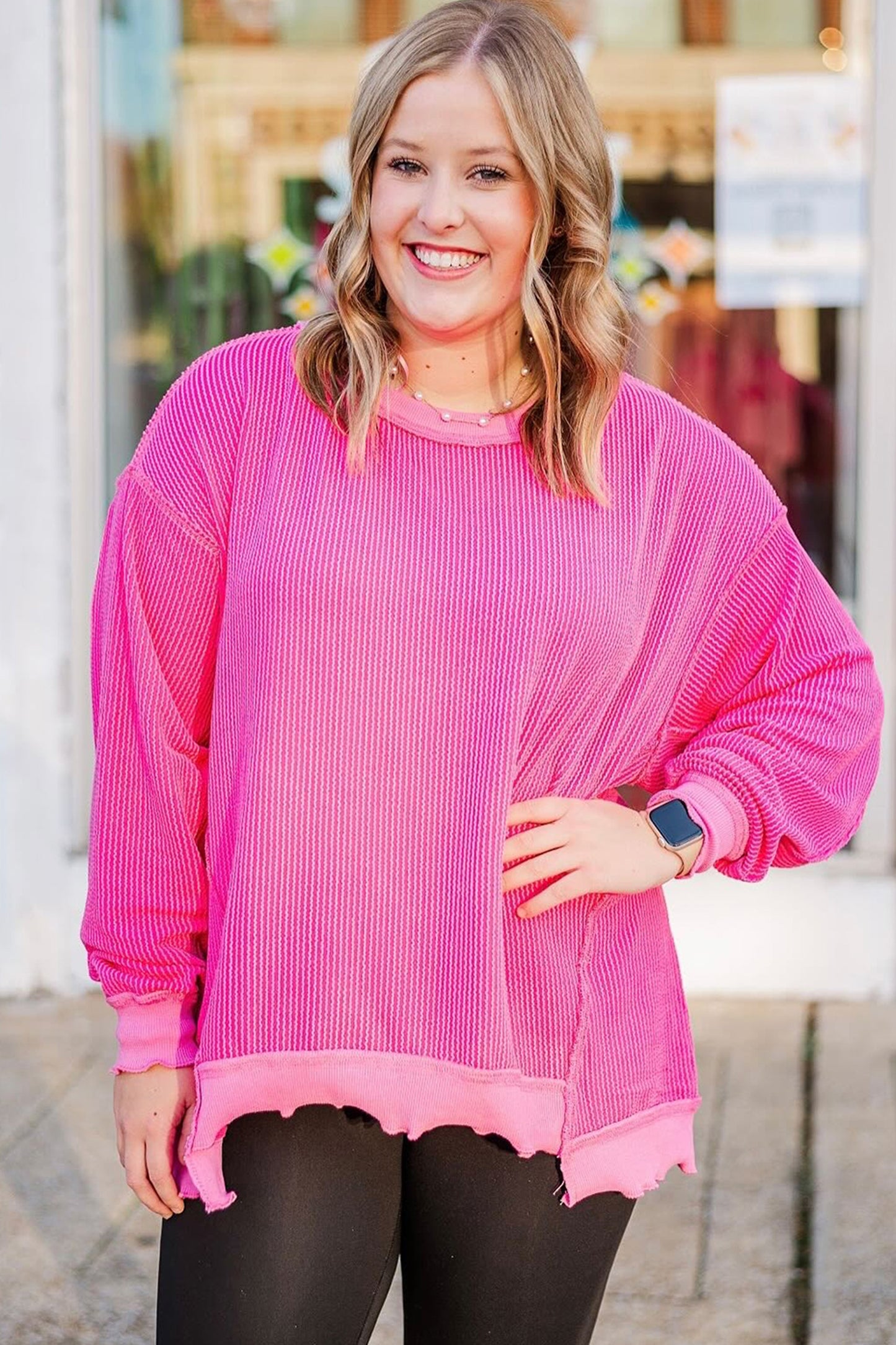 Rose Red Drop Shoulder Uneven Hem Plus Size Twisted Rib Top-Plus Size/Plus Size Tops/Plus Size Long Sleeve Tops-[Adult]-[Female]-2022 Online Blue Zone Planet