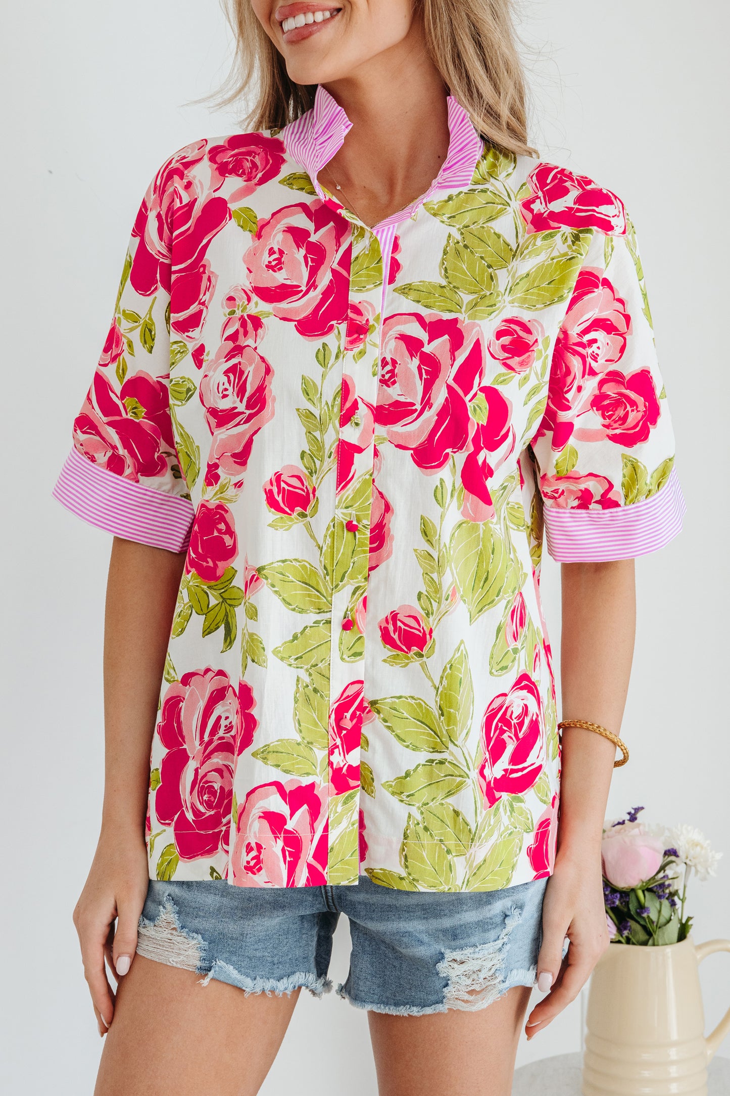 Pink Flower Print Striped Trim Frilled Collar Short Sleeve Shirt-Tops/Blouses & Shirts-[Adult]-[Female]-2022 Online Blue Zone Planet