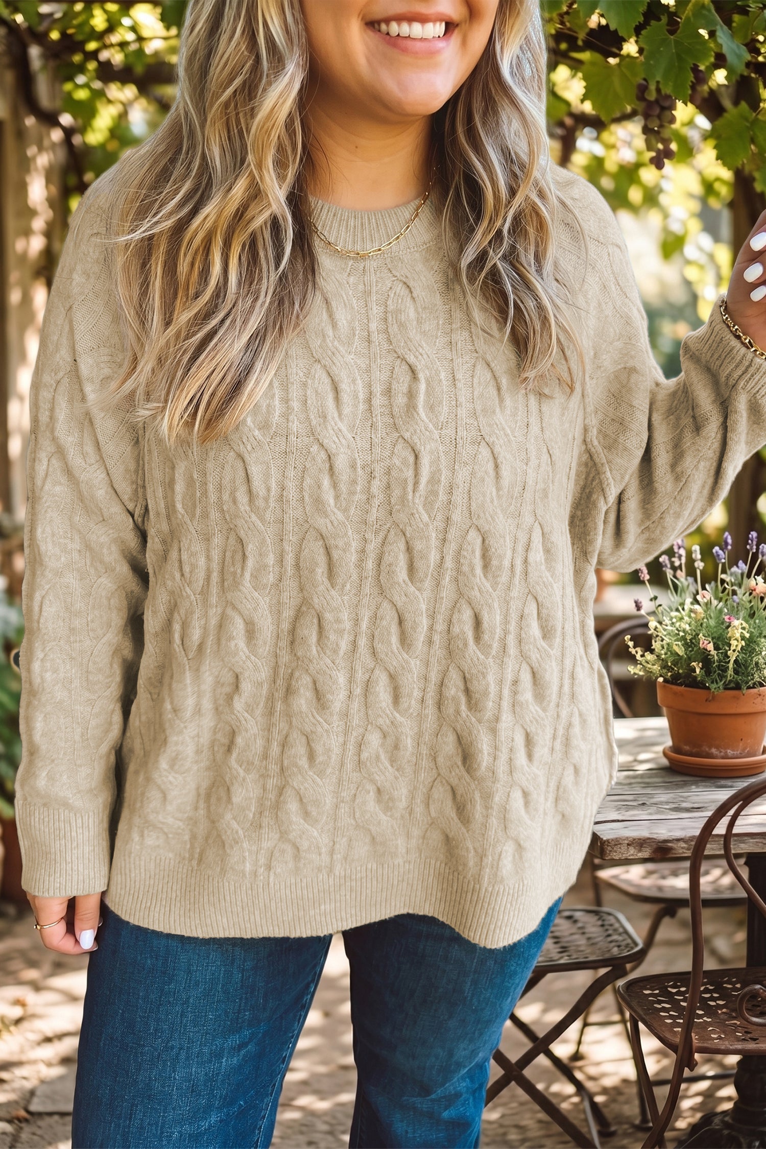 Parchment Oversized Cable Knit Long Sleeve Round Neck Tunic Length Plus Size Sweater-TOPS / DRESSES-[Adult]-[Female]-2022 Online Blue Zone Planet