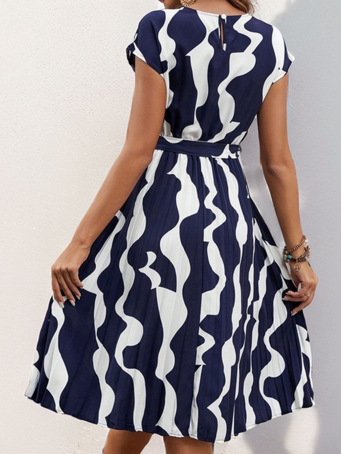 Tied Pleated Printed Cap Sleeve Dress-TOPS / DRESSES-[Adult]-[Female]-2022 Online Blue Zone Planet