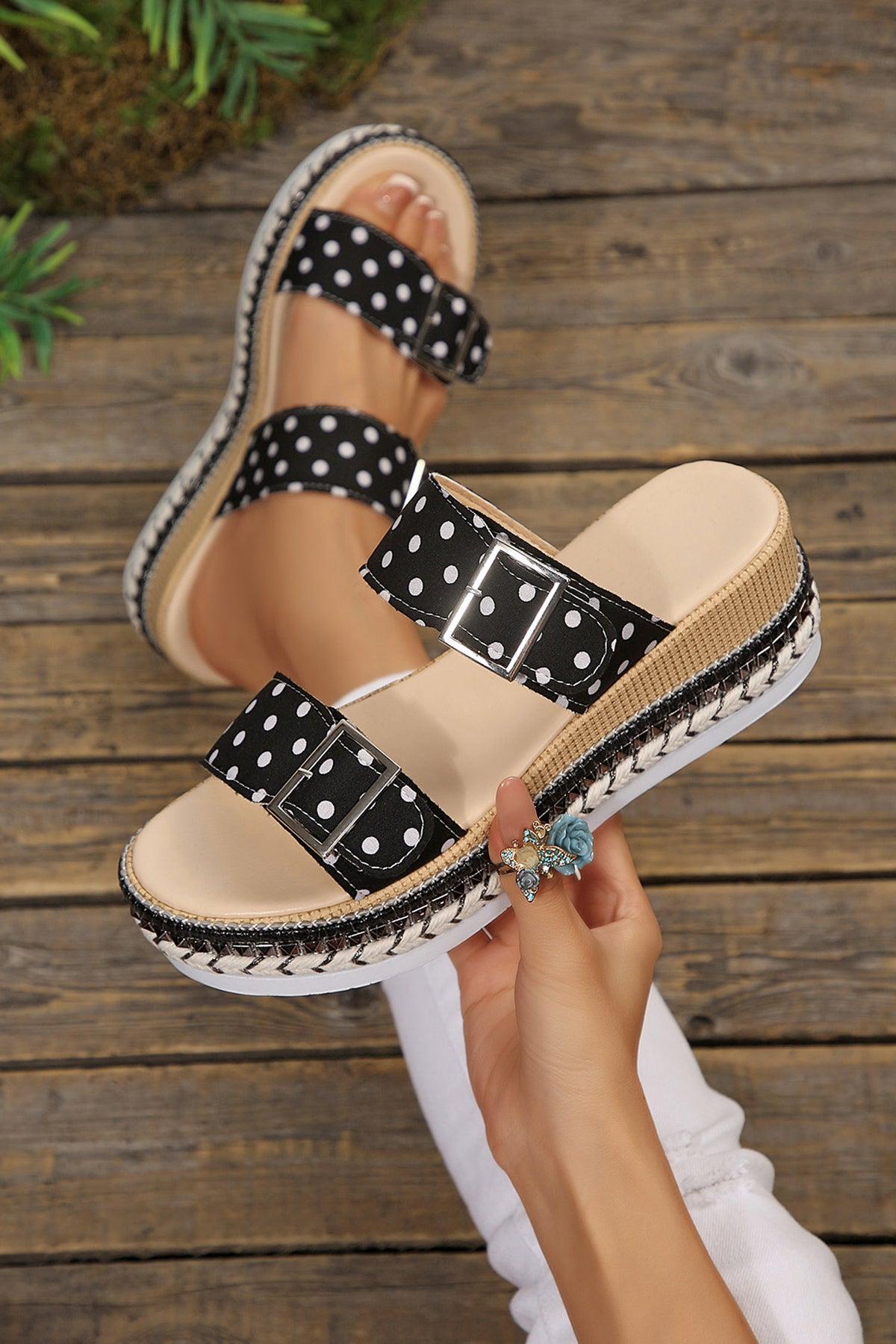 White Polka Dot Pattern Double Buckle Straps Hollow Out Platform Slippers-Shoes & Bags/Slippers-[Adult]-[Female]-Color black-37-2022 Online Blue Zone Planet