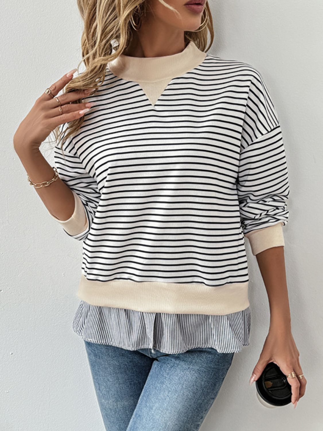 Perfee Faux Layered Striped Long Sleeve Sweatshirt-TOPS / DRESSES-[Adult]-[Female]-2022 Online Blue Zone Planet