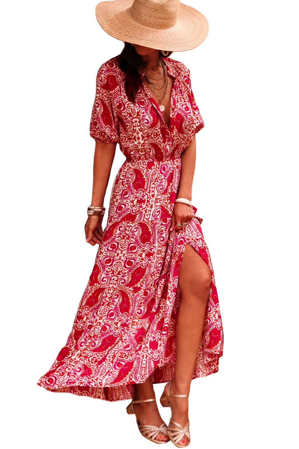 Red Paisley Print Side Slit Puff Sleeve High Waist Maxi Dress-Maxi Dresses-[Adult]-[Female]-2022 Online Blue Zone Planet