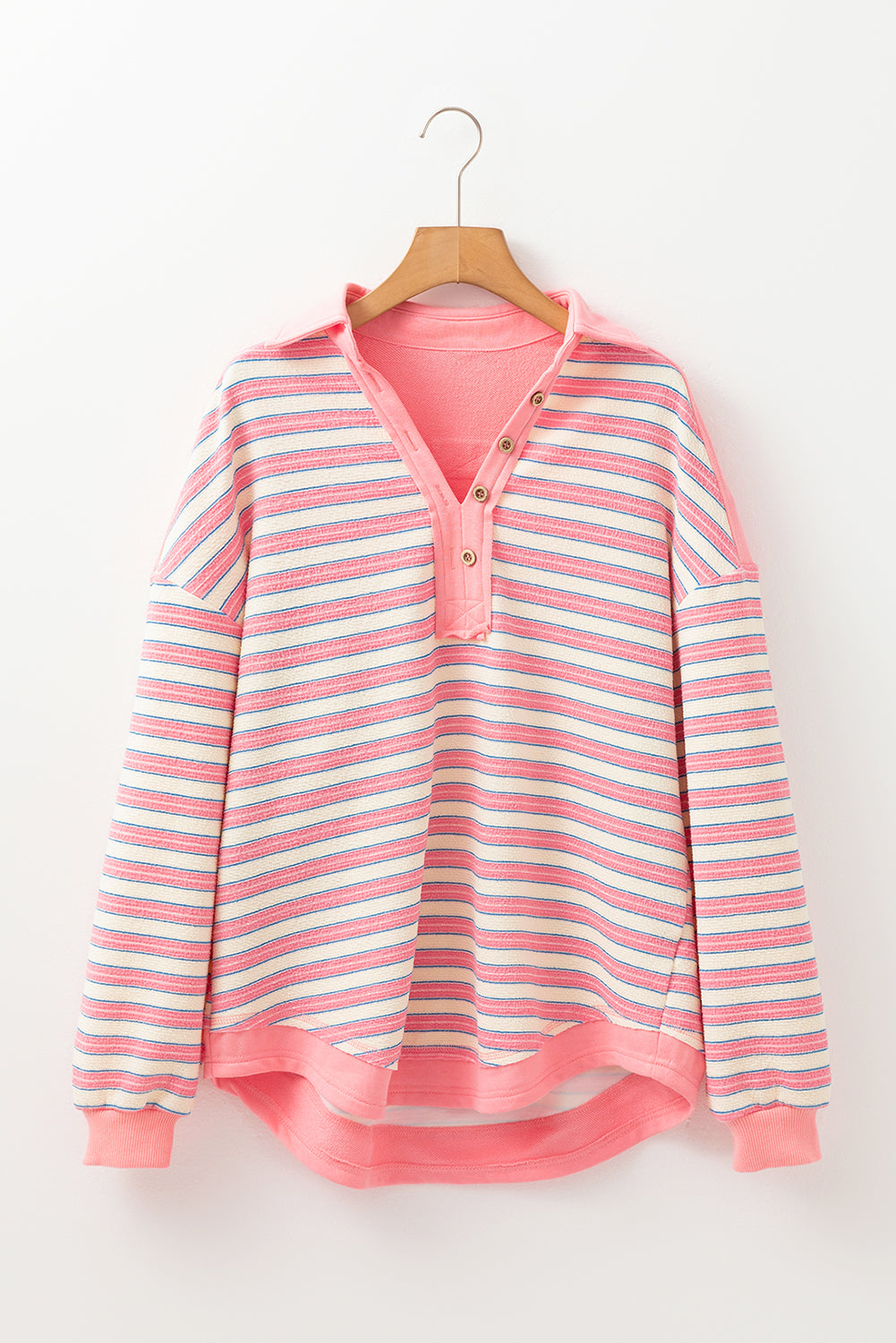 Blue Zone Planet | Pink Stripe Buttoned V Neck Collared Drop Shoulder Top-Tops/Long Sleeve Tops-[Adult]-[Female]-2022 Online Blue Zone Planet