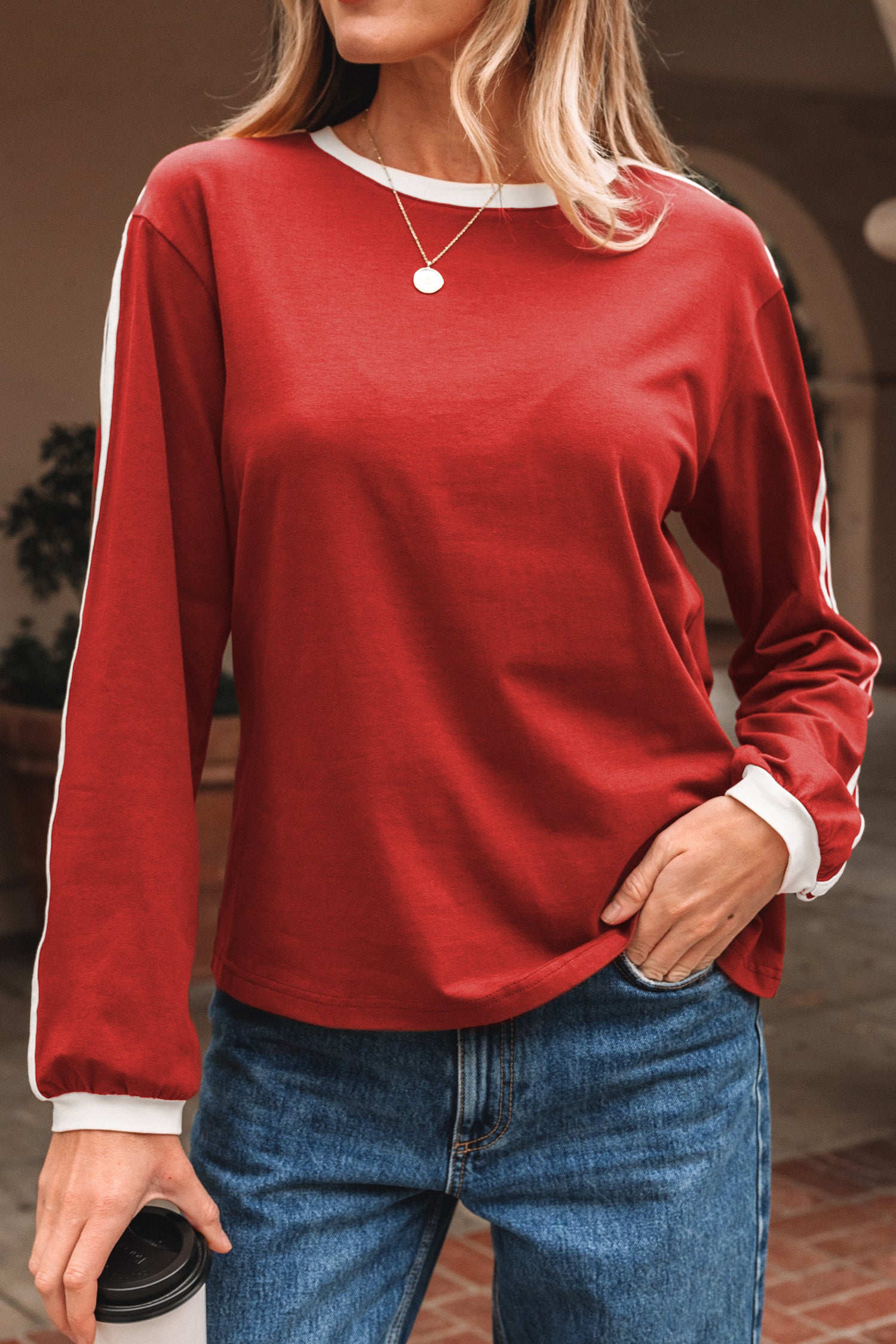 Fiery Red Varsity Striped Accent Contrast Crew Neck Long Sleeve T Shirt-Tops/Long Sleeve Tops-[Adult]-[Female]-2022 Online Blue Zone Planet