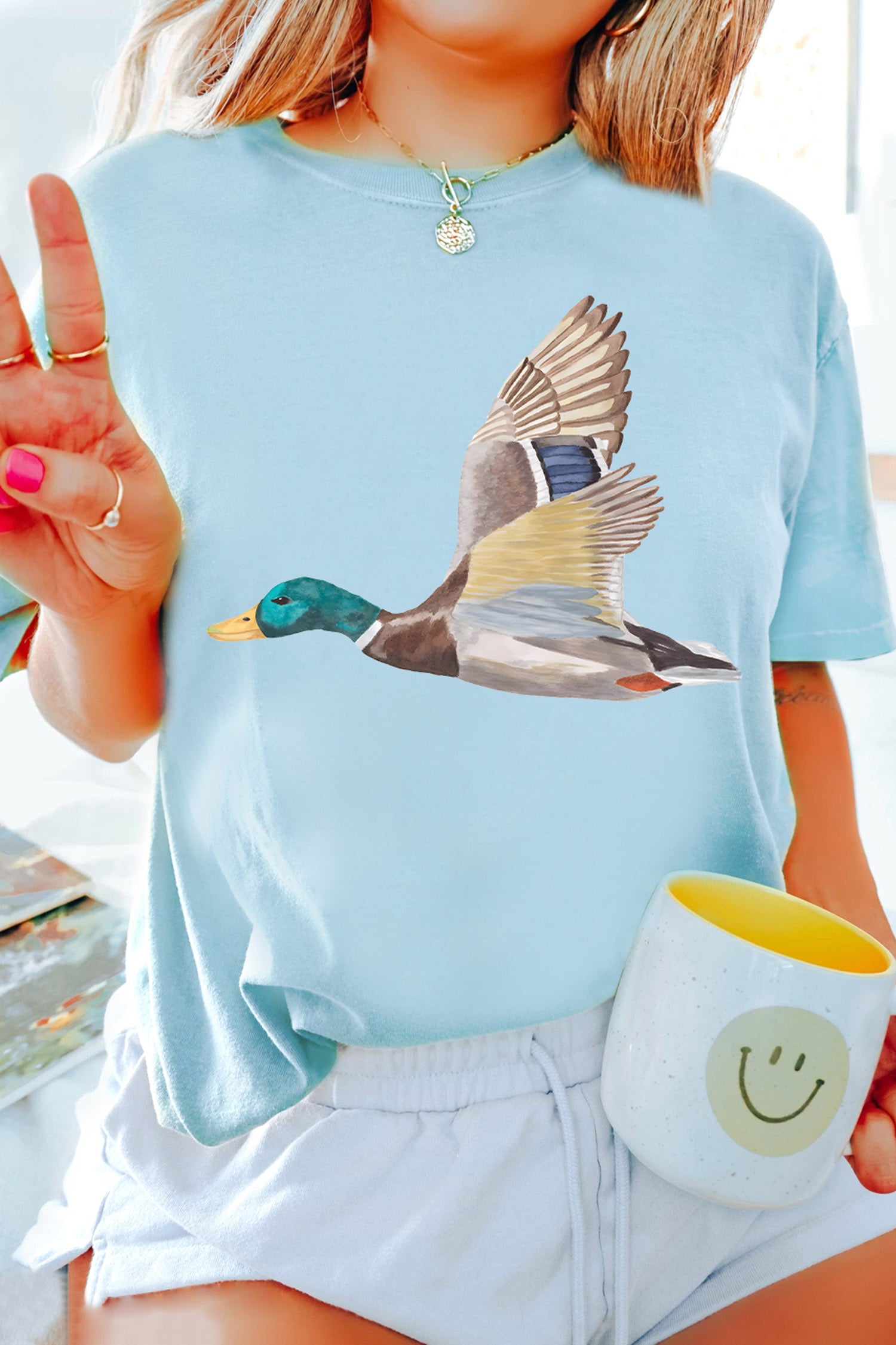 Light Blue Flying Mallard Print Western Graphic Tee-Graphic/Graphic Tees-[Adult]-[Female]-2022 Online Blue Zone Planet