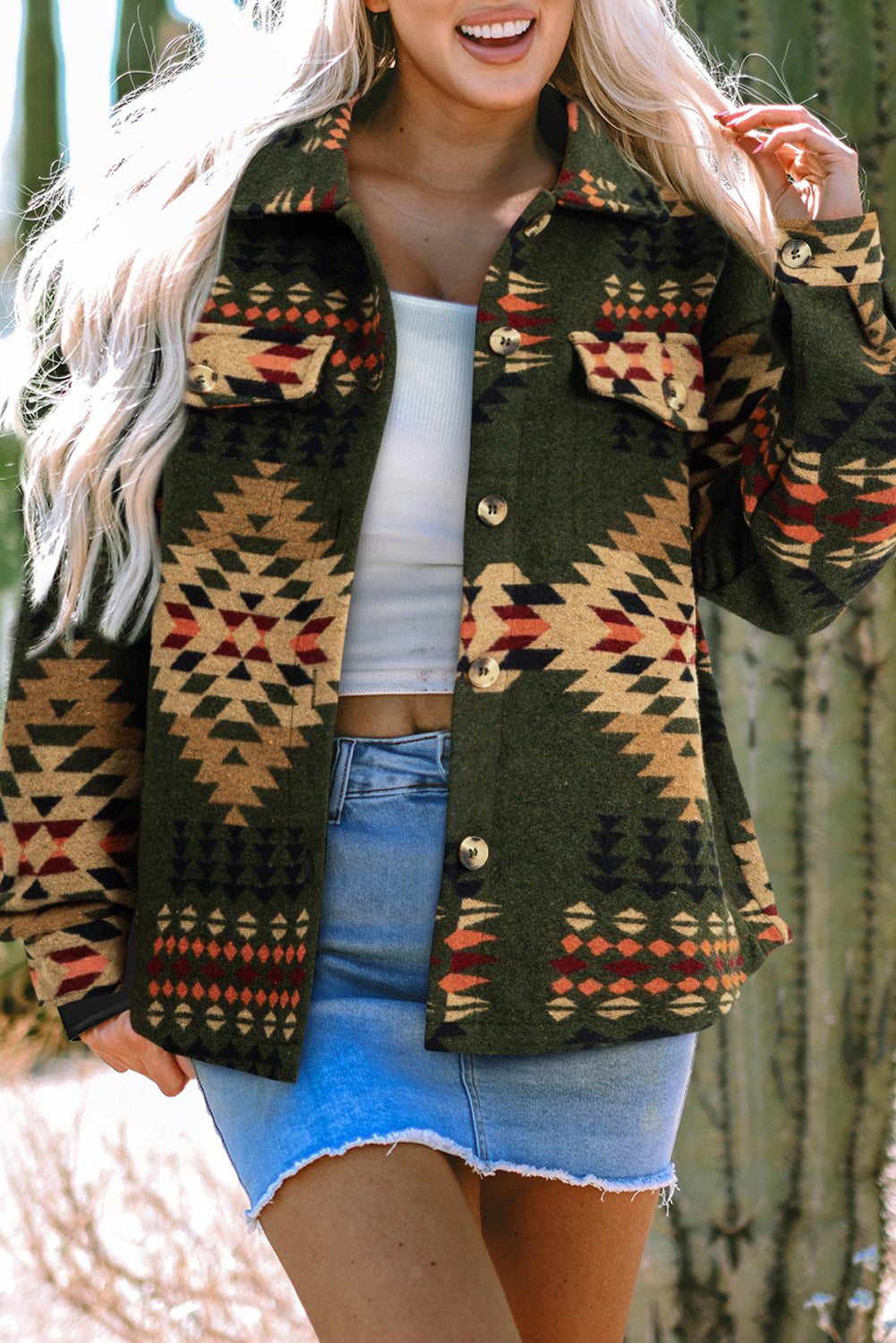 Green Aztec Print Flap Pockets Long Sleeve Shacket-Outerwear/Jackets-[Adult]-[Female]-2022 Online Blue Zone Planet