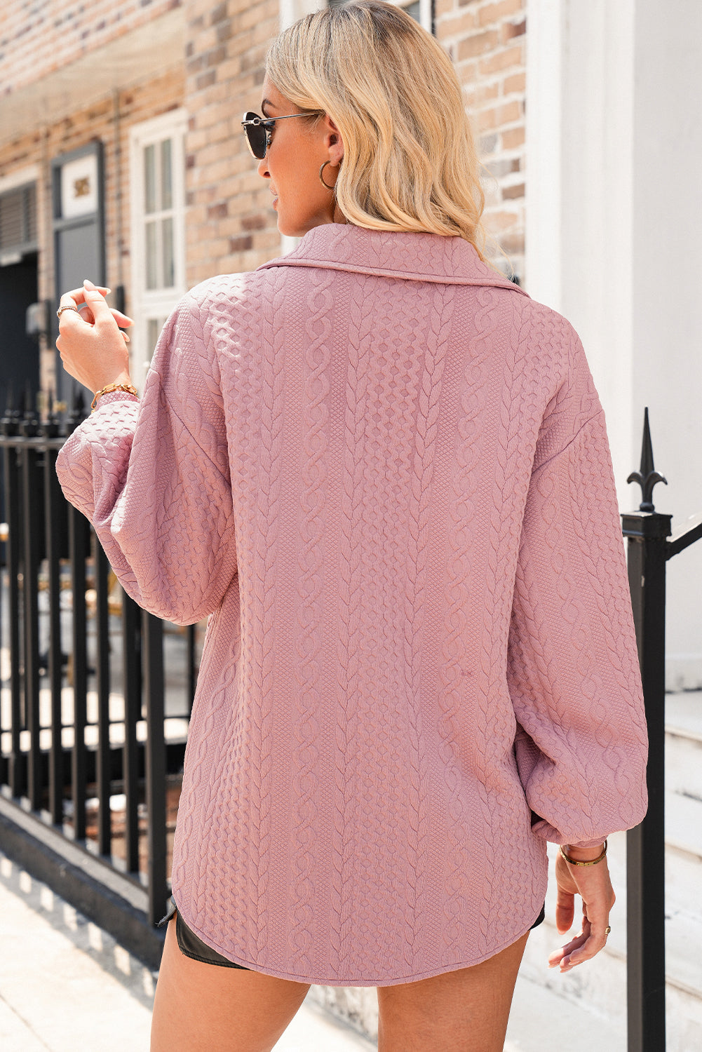 Blackish Green Cable Texture Puff Sleeve Loose Shacket-Outerwear/Jackets-[Adult]-[Female]-2022 Online Blue Zone Planet