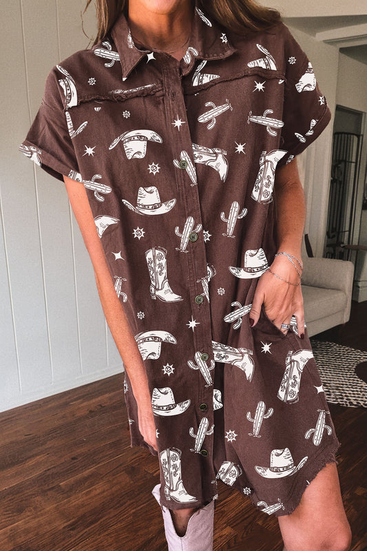 Brown Cowgirl Hats Boots Cactus Print Raw Edge Button Down Short Denim Dress-TOPS / DRESSES-[Adult]-[Female]-Brown-S-2022 Online Blue Zone Planet