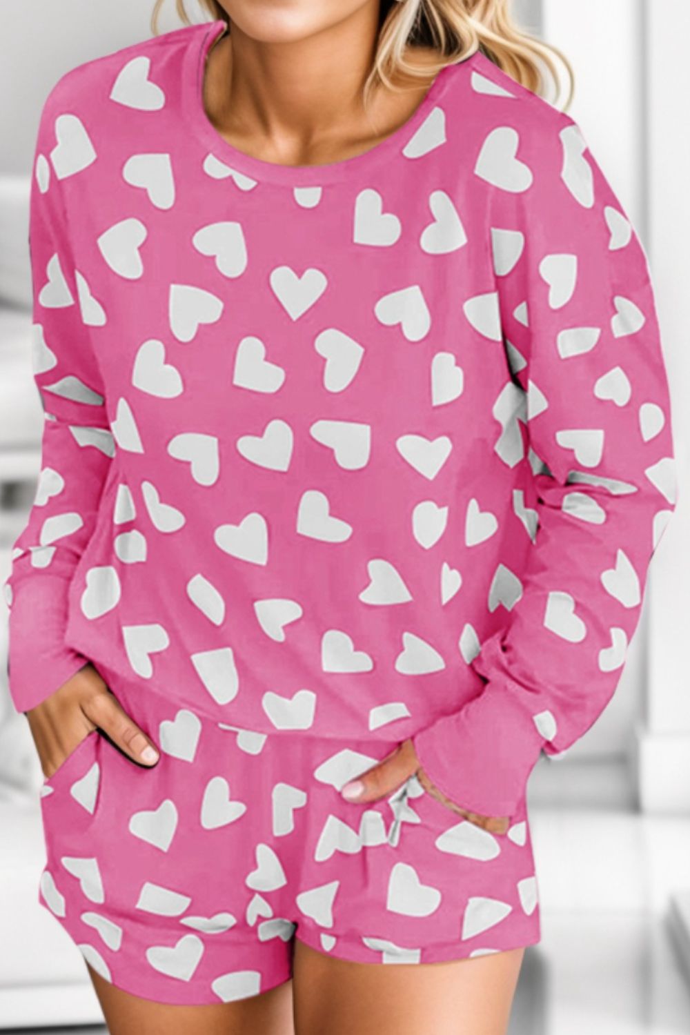 Blue Zone Planet | Heart Print Round Neck Top and Shorts Lounge Set-TOPS / DRESSES-[Adult]-[Female]-Hot Pink-S-2022 Online Blue Zone Planet