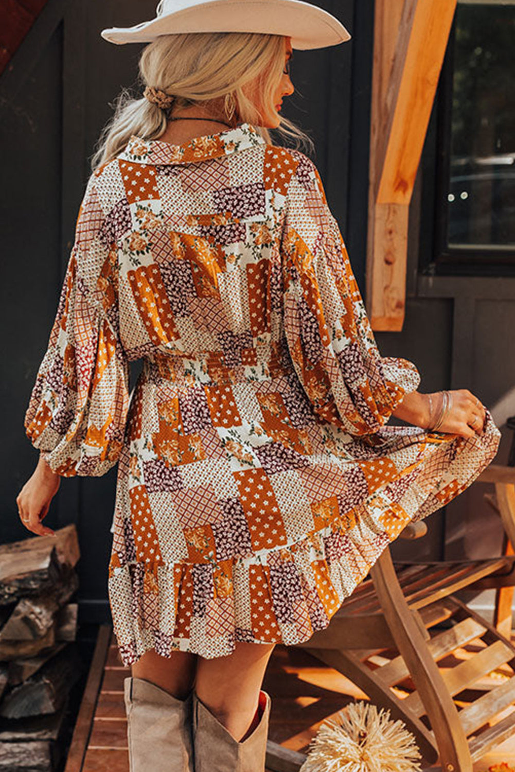 Orange Boho Floral Puff Sleeve Smocked Waist Mini Shirt Dress-Dresses/Mini Dresses-[Adult]-[Female]-2022 Online Blue Zone Planet