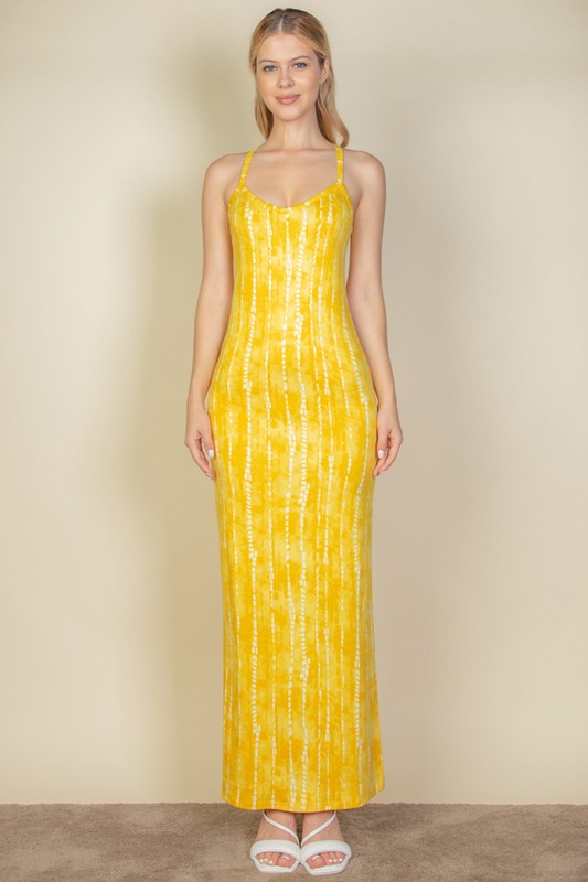 Tie Dye Printed Cami Bodycon Maxi Dress-[Adult]-[Female]-PRINT 315 MUSTARD-S-2022 Online Blue Zone Planet